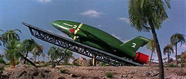 Thunderbird 2 launches from Tracy Island in the follow up film, Thunderbird 6 (1967). Photo: Fabulous Films.