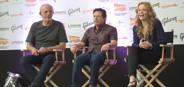 'Back To The Future' Cast members Christopher Lloyd, Michael J. Fox and Lea Thompson at a Press Conference for the movie at The The Olympia London, London, England, UK on Friday 17 July, 2015 to kickstart the London Film and Comic Con 2015.