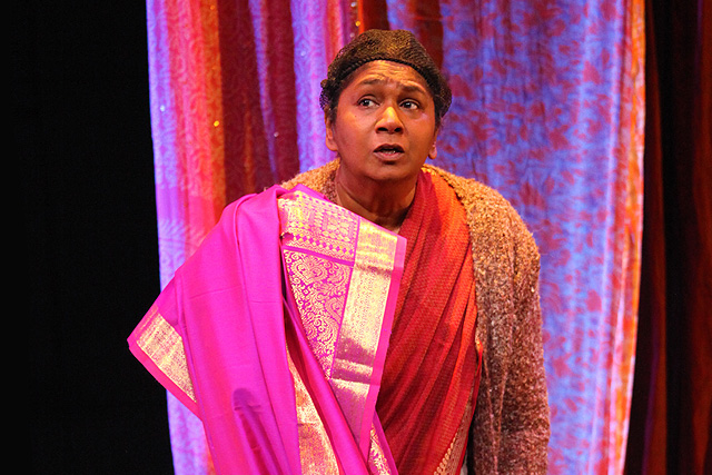 Rani Moorthy in her one-woman show, Whose Sari Now? Image: Rasa Productions Ltd.