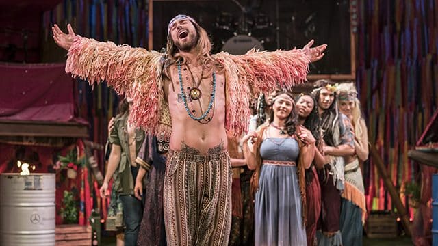 Jake Quickenden (Berger) and the cast of Hair The Musical. Credit Johan Persson.