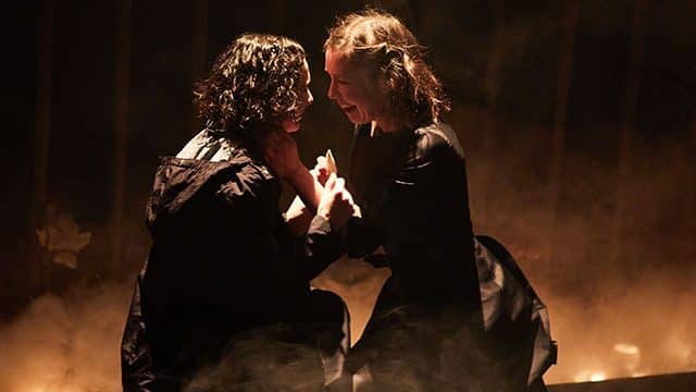 Simona Bitmate (Ophelia) and Tessa Parr (Hamlet) in Hamlet at Leeds Playhouse. Photography by David Lindsay